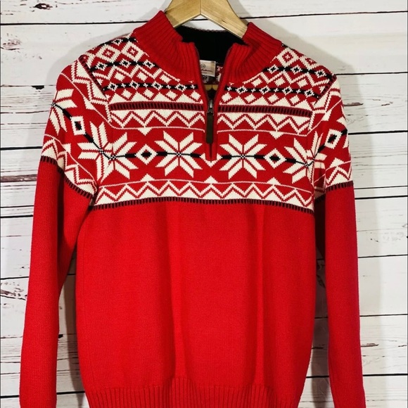 Hanna Andersson Other - Hanna Andersson Girls Sweater Sz 12 / 150 Red Cotton Knit Fair Isle Quarter Zip
